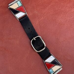 Vintage Sterling Silver Inlaid with Turquoise Coral, Mother of Pearl & Onyx Watch Band
