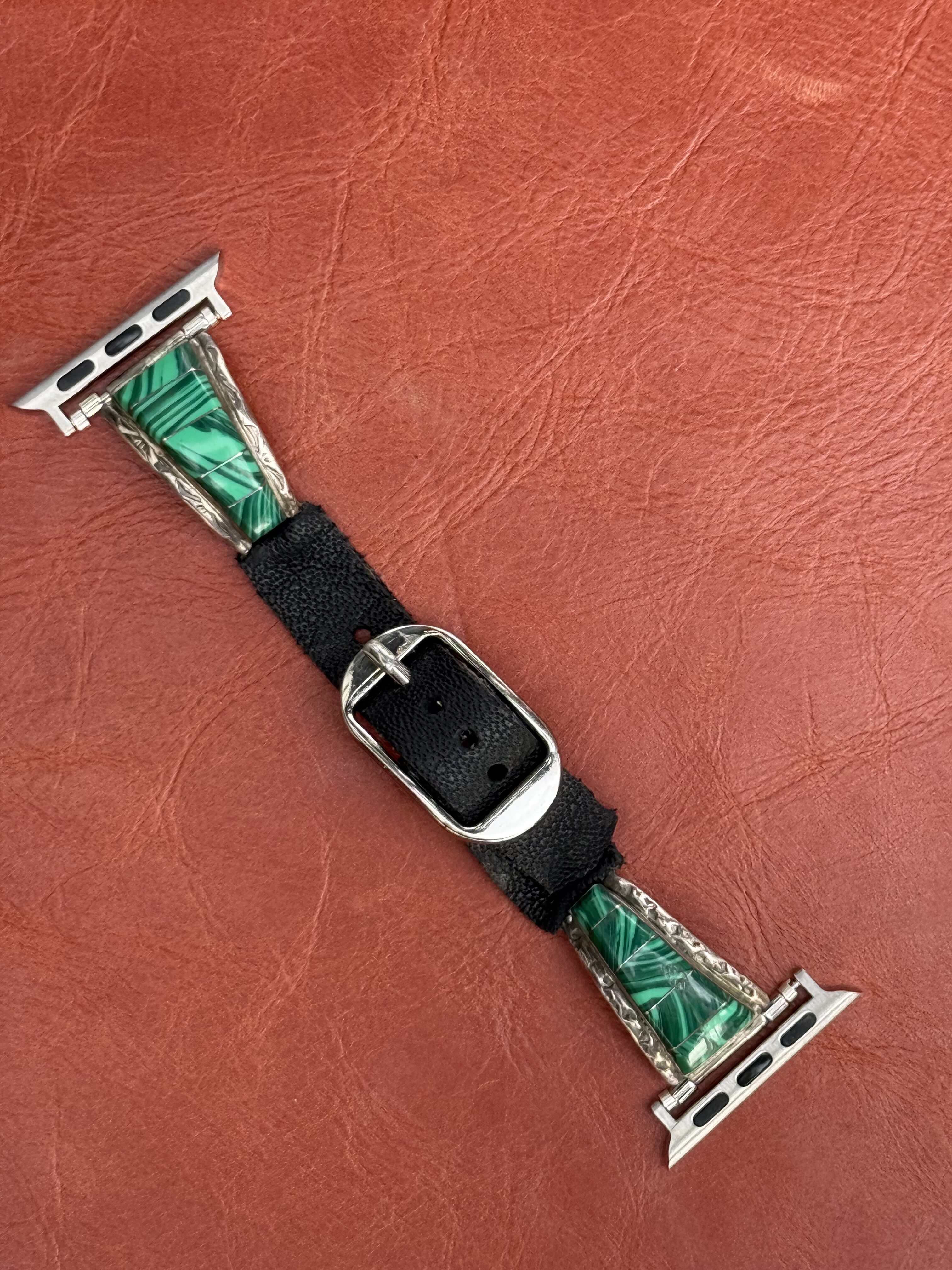 Vintage Sterling Silver Inlaid with Malachite Watch Band