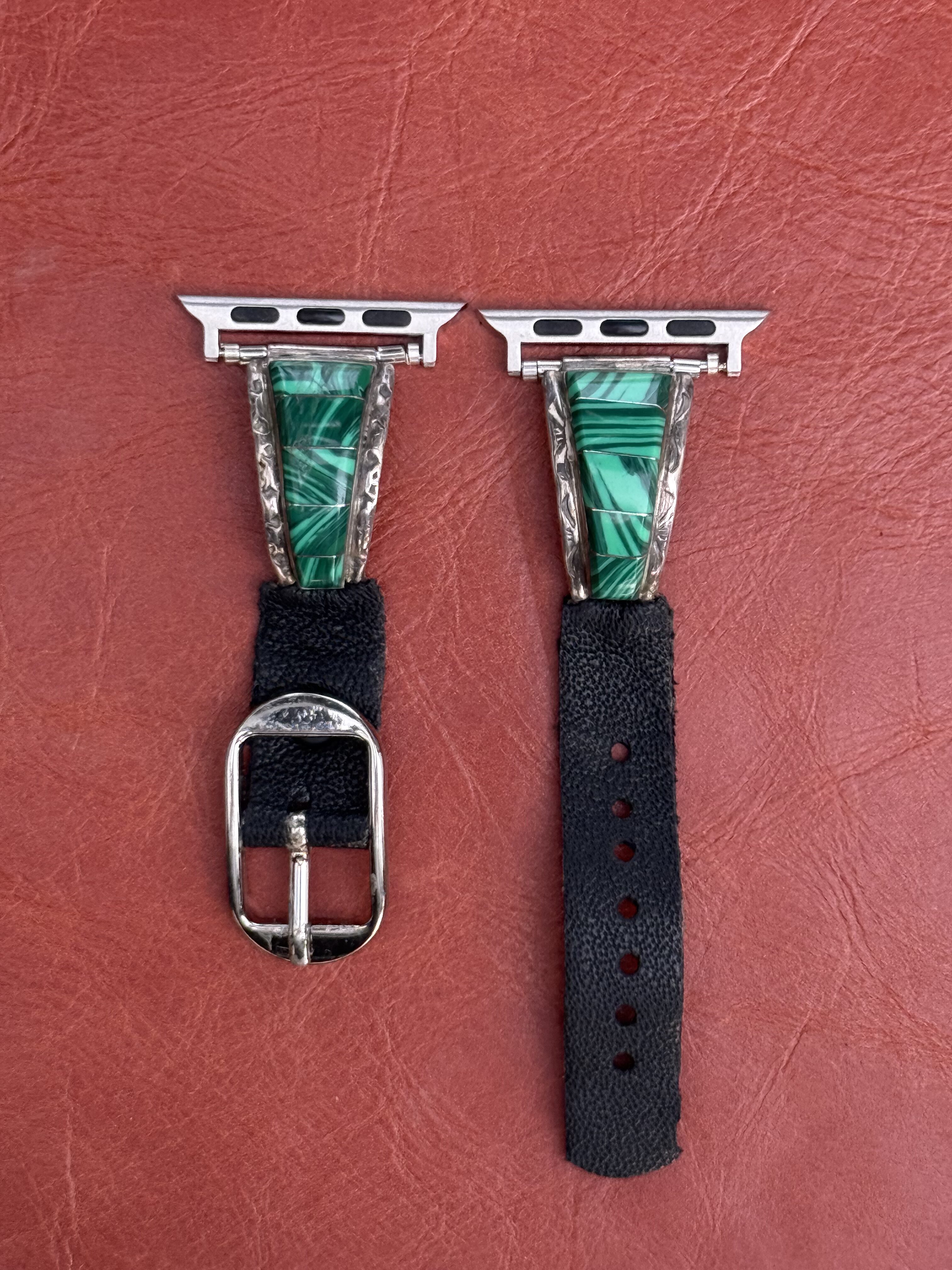 Vintage Sterling Silver Inlaid with Malachite Watch Band - Image 2