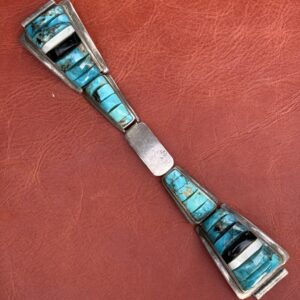 Vintage Sterling Silver Inlaid with Turquoise, Onyx & Mother of Pearl Watch Band